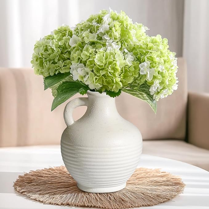 White Ceramic Vase, Rustic Farmhouse Vase with Handle, Pottery Vases for Flower, Farmhouse Decor, Centerpiece Table Decorations, 6 inch