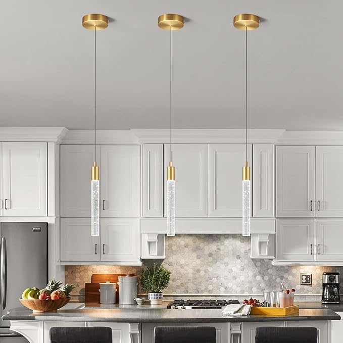 Modern Kitchen Island Pendant Light Dimmable LED Gold Brass Finish Mini Crystal Pendant Lighting Bedroom Bedside Table Small Pendant Lights（3-Pack）