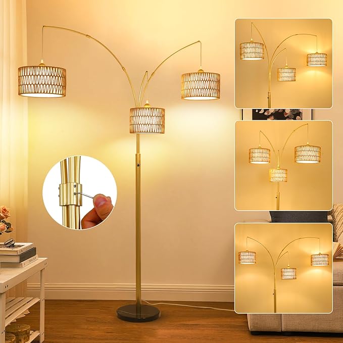 Modern Gold Floor Lamp for Bedroom, Arc Standing Lamp for Living Room, Dimmable Boho Rattan Tall Lamp, Farmhouse Floor Lamps for Office Decor, Height Adjustable Arched Lamp, Over Couch Reading Lamp