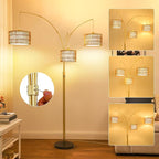 Modern Gold Floor Lamp for Bedroom, Arc Standing Lamp for Living Room, Dimmable Boho Rattan Tall Lamp, Farmhouse Floor Lamps for Office Decor, Height Adjustable Arched Lamp, Over Couch Reading Lamp