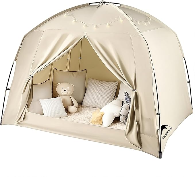 Bed Tents for Kids and Adult, Portable 100% Breathable and 93% Blackout Dream Play Tent, 3 Doors Big Privacy Space Sleeping Canopy for Indoor Floor or Twin Full Queen Sizes Bed (Khaki, Queen- Size)