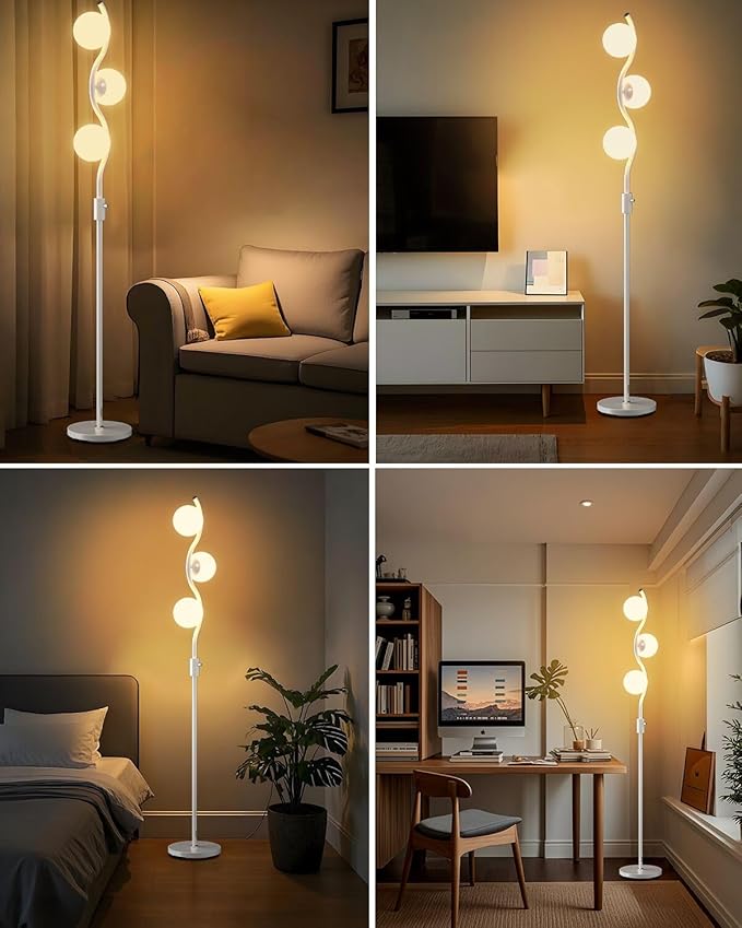 Lightdot 60IN Dimmable (Brightness Adjustable) White Floor Lamp, Mid Century Standing Lamps with 3 Globe Soft Warm White Eye Care 3000K Bulbs Included, Modern Tall Lamp for Bedroom Office