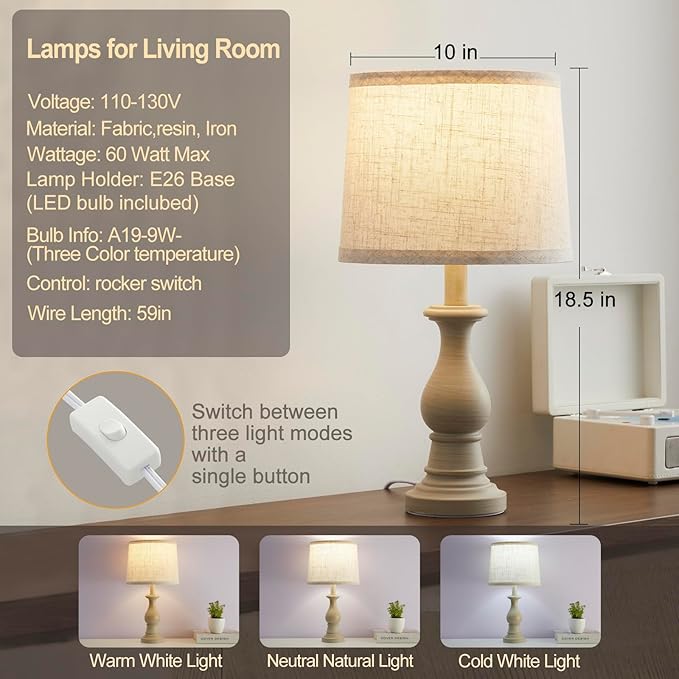 Vintage Table Lamp for Living Room Bedroom, 18.5" Farmhouse Bedside Lamps Nightstand Lamp Set of 2, Table Lamps with Oatmeal Linen Lamp Shades, 2 LED Bulbs Included, White Stripe