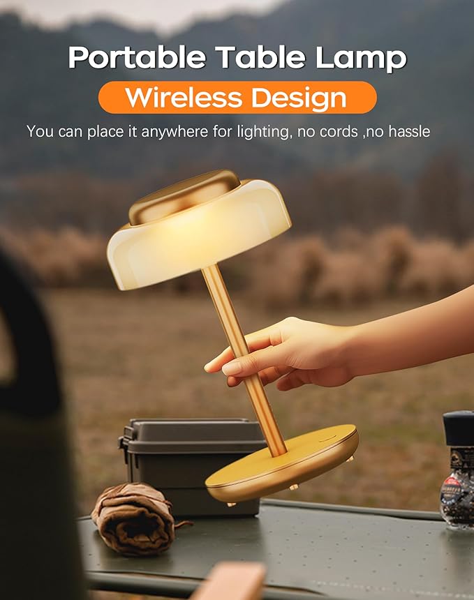 QiMH Battery Operated LED Table Lamp, 5000mAh Rechargeable Cordless Lamp, Stepless Dimmable Touch Control, Small Waterproof Desk Night Light for Living Room, Bedroom, Outdoor Bar (Gold)