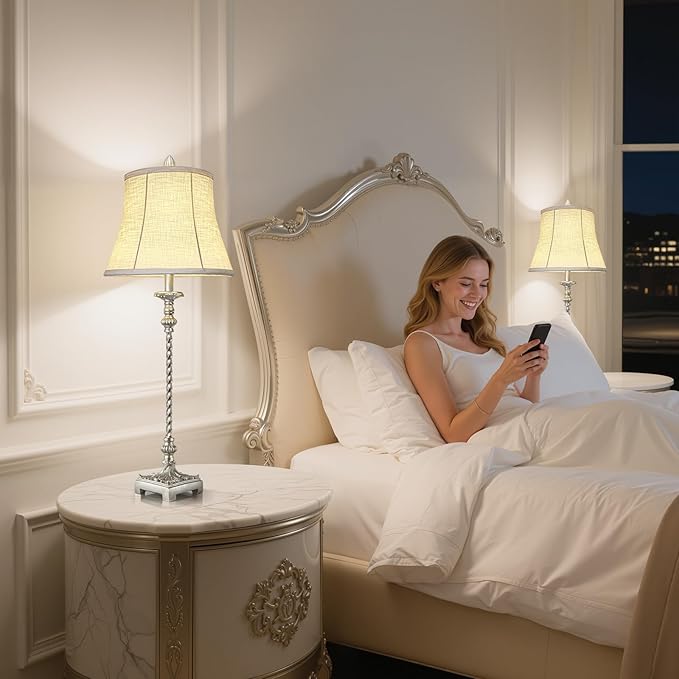 Candle Stick Buffet Table Lamp Set of 2, 33'' Vintage Nightstand Lamps with Silver Leaf Finish and White Linen Shades, 3-Way Dimmable Bulb Included, Country Style Bedside Lamps for Living Room Bedroom