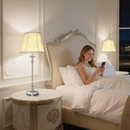 Candle Stick Buffet Table Lamp Set of 2, 33'' Vintage Nightstand Lamps with Silver Leaf Finish and White Linen Shades, 3-Way Dimmable Bulb Included, Country Style Bedside Lamps for Living Room Bedroom