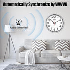 Geevon Atomic Wall Clock 14 Inch, Atomic Analog Wall Clocks Battery Operated, Large Digits Automatic Clock for Kitchen/School/Classroom/Bedroom/Living Room (Silver Frame)