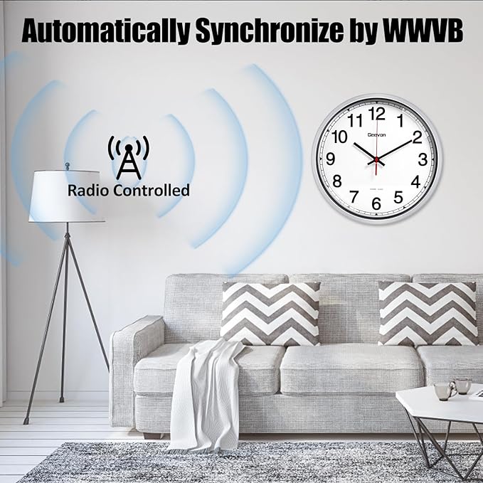 Geevon Atomic Wall Clock 14 Inch, Atomic Analog Wall Clocks Battery Operated, Large Digits Automatic Clock for Kitchen/School/Classroom/Bedroom/Living Room (Silver Frame)