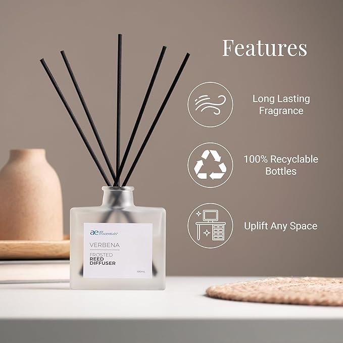 Frosted Verbena Reed Diffuser Set - Decorative Fragrance Diffuser & Oil for Bathroom & Home | Long-Lasting Aroma | Natural Scent Sticks | Essential Oils & Botanicals| 100mL