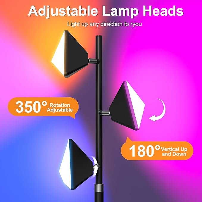 PARTPHONER RGB Tree Floor Lamp for Living Room, Stepless Dimmable Tall Standing Lamp with Remote, Touch Control and 3 Rotatable Light, Bright LED Lights for Bedroom with 4 Color-Changing, Black