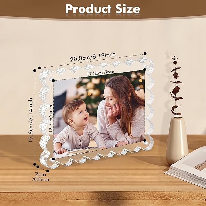 3Pack Magnetic Acrylic Picture Frames 5×7 Inch - Scalloped Photo Frame with 10+10mm Thick Block, Double Sided Clear Frames for Desktop Display | Trendy Home Gift (Clear, 5X7)