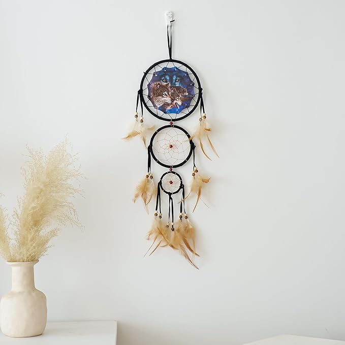 Remorelt Wolf Eagle Bear Dream Catcher Bedroom Wall Decor, Christmas Home Decoration, Room Accessory, White Moon Feather Decoration - Unique Home Craft Wall Pendant (DC03 13inch Set 3 Wolves)