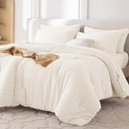 MUXHOMO 7 Pieces California King Comforter Set, Seersucker Bed in a Bag Cal King Size, All Season Luxury Bedding Set with Comforter, Flat Sheet, Fitted Sheet, Pillowcases & Shams, Ivory