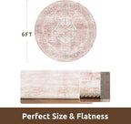 AMOAMI 6FT Round Vintage Soft Pink Rug - Non Slip Circle Machine Washable Rug for Living Room, Bedroom, Office Under Table