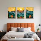 Celestdeco Abstract Mountain Framed Canvas Wall Art Set, Forest Pine Tree Golden Sunset Wall Decor, Mixed Patchwork Landscape Art Print for Living Room, Bedroom, Dining Room, Office - 24"x36"x3
