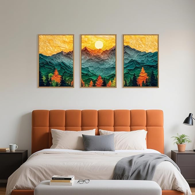 Abstract Mountain Framed Canvas Wall Art Set, Forest Pine Tree Golden Sunset Wall Decor, Mixed Patchwork Landscape Art Print for Living Room, Bedroom, Dining Room, Office - 16"x24"x3