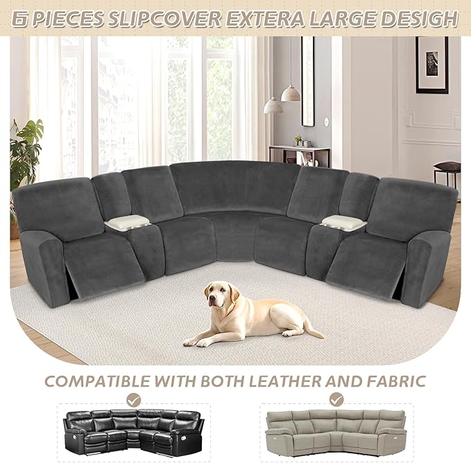 Arfntevss Sectional Recliner Couch Covers Velvet Washable Corner Sectional Sofa Cover for Reclining Couch Stretch Soft Thick L Shape Recliner Slipcover (5 Seat with 2 Console Cover, Charcoal Gray)