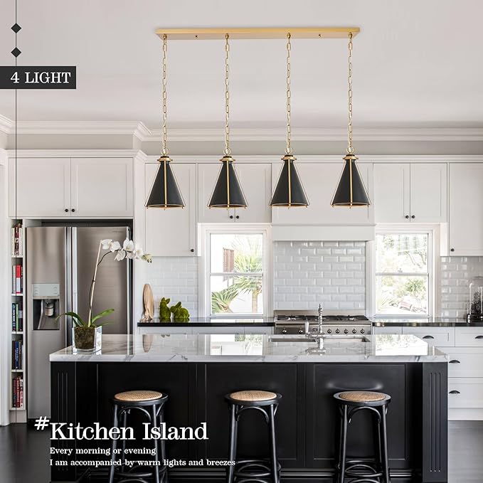 Black Gold Kitchen Island Light 4-Light Pendant Light Fixture Cone Shade 42" Rectangle Chandelier Light Fixture for Dining Room Bar Counter