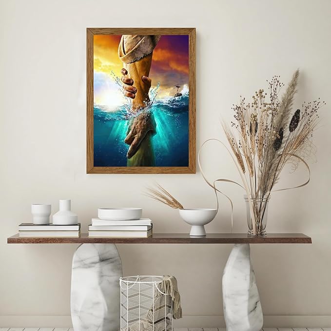 Solid Wood Framed Jesus Christ Canvas Wall Art The Hand of God Jesus Reaching Into Water Christian Painting Prints Biblical Wall Decor Religious Room Decor for Church Prayer Room Schools 12'' x 16''