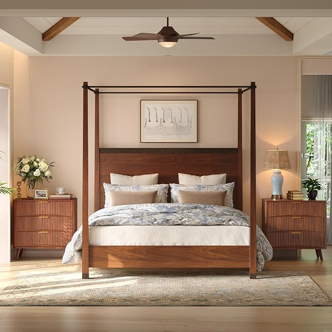 Evermagin 31.5W×29“H Large Fluted Nightstands Set of 2, Mid Century Modern 3 Drawer Night Stand Bedside Table, Small Wood Dresser for Bedroom, End Table with Storage, Walnut