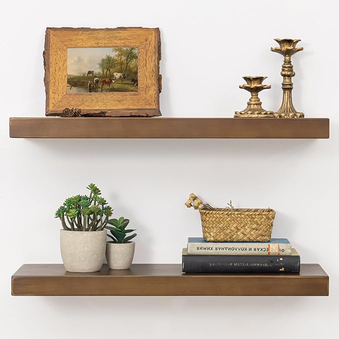 Marsmiles Floating Shelves for Wall - 24 Inch Dark Wood Floating Shelves Set of 2-24 Inch Wide x 7.7 Inch Deep x 1.6 Inch Thick Rustic Wooden Shelves for Room Wall