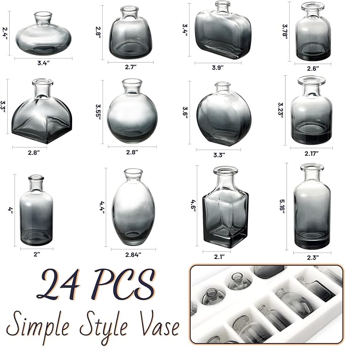 24 Pack Black Clear Bud Vases, Small Glass Mini Vases – Modern Small Decorative Vases in Bulk for Floral Arrangements, Wedding Centerpieces, Table Decor, Home & Party Decorations