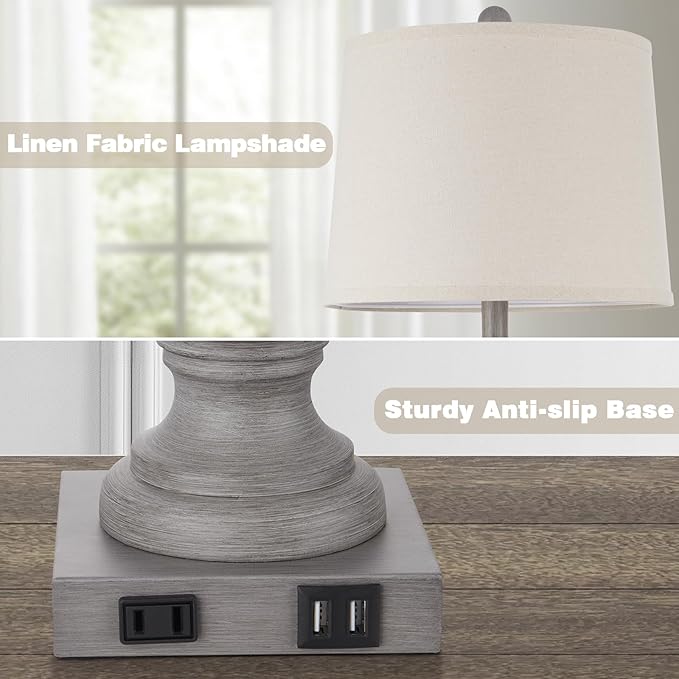 Farmhouse Table Lamps for Living Room, Rustic 26" Touch Control Bedside Lamps with USB A+C Charging Ports & AC Outlet, Vintage 3-Way Dimmable Nightstand Lamp Linen Fabric Shade for Bedroom End Table