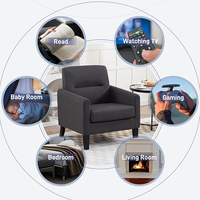 Accent Chair, Mid Century Modern Living Room Chairs Comfy Reading Chair with Upholstered Cushion Relax Armchair for Bedroom Apartment,Office,Dark Grey