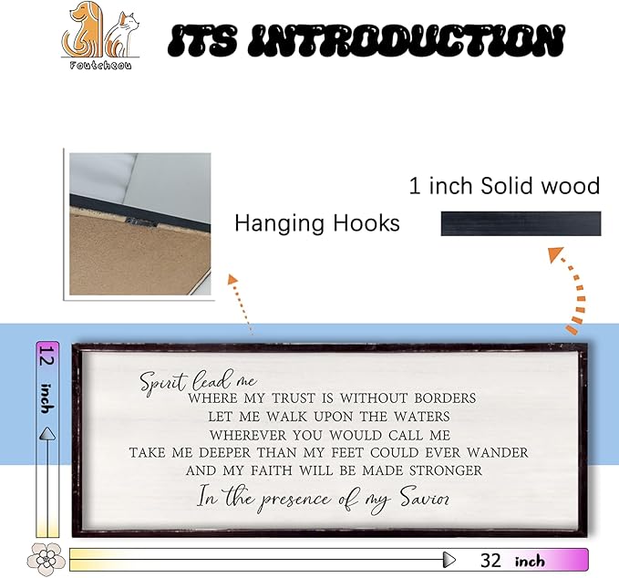 Spirit Lead Me Wall Decor 32"x12" Christian Scripture Worship Song Religious Bible Verse Wooden Framed for Bedroom Office Large Wall Art Hanging Sign (Black)