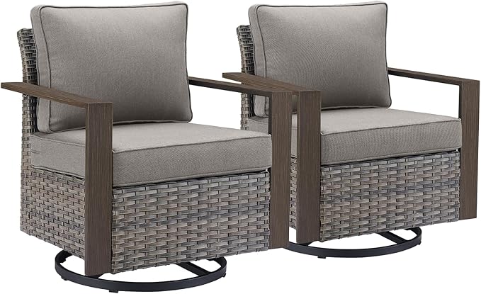 Outdoor Patio Swivel Rocker Chairs - Wicker Rattan Patio Swivel Rocking Chairs Set of 2 with Metal Wide Armrest, Thick Cushions and Deep Seating for Deck Porch Sunroom Garden(Mixed Grey/Grey)