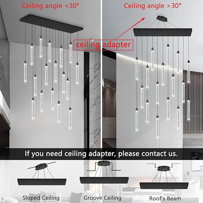 Rectangular Chandeliers 17-Lights Long Light for Entryway LED Dimmable Chandeliers Lighting Fixture Flat Sloped High Ceiling Pendant Lights Crystal for Living Room Foyer Hallway Staircase Black