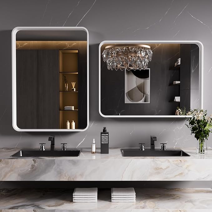 White Bathroom Mirror 22x30 Inch, White Metal Framed Bathroom Mirror for Wall, Rounded Rectangle Matte Bathroom Vanity Mirror, Tempered Glass, Anti-Rust, Horizontal/Vertical