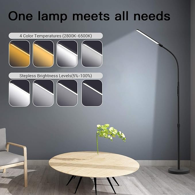 NXONE Led Floor Lamp,Modern Reading Adjustable Standing Height 4 Colors and Stepless Brightness Work Lamp for Living Room Bedroom Reading, Black