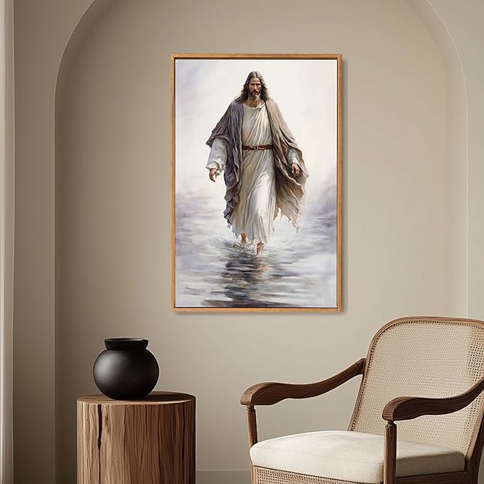 Fantasy Artists Framed Jesus Christ Wall Art Jesus Walking On Water Canvas Wall Decor Christian Painting Prints Biblical Religious Room Decor for Church Prayer Room Christian School Hospital 16" x 24"