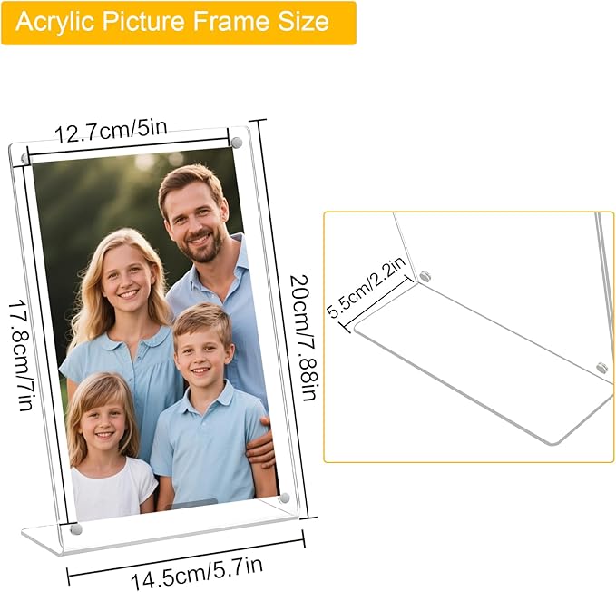 6 Pack Acrylic Picture Frame 5x7 inch, Magnetic Photo Frames, Clear Slanted Back Acrylic Frameless Transparent Frame for Desktop Display, Standing Photo Display Holder Gift for Home, Office