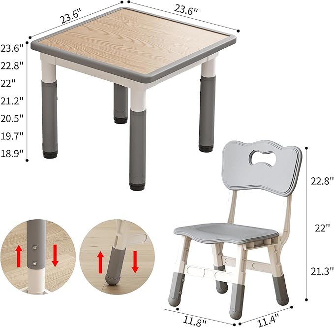 Kids Table and Chairs, Height Adjustable Childrens Table and Chair Set, Kids Tables for Age 2-8, Graffiti Desktop, Table for Kids with 2 Seats, Small Kids Table, Max 300lbs, Grey