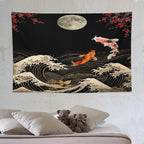 Houselerax Koi Fish Tapestry, Japanese Style Yin Yang Big Wave Cherry Blossom Tapestries Wall Hanging for Bedroom Living Room Office Decor 90"x60"