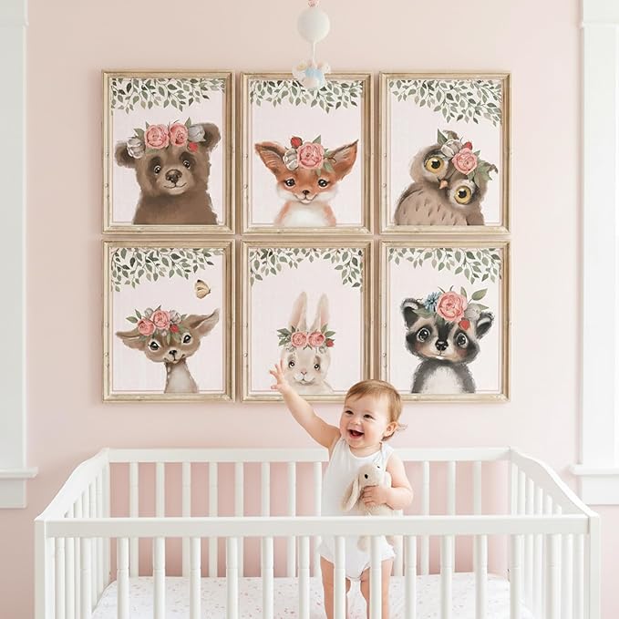 DREAM BIG PRINTABLES Woodland Animals Nursery Wall Art Prints (Set of 6) - Unframed - 11x14s | Set Includes Bear, Fox, Owl, Deer, Bunny Rabbit, and Raccoon wearing Floral Crowns