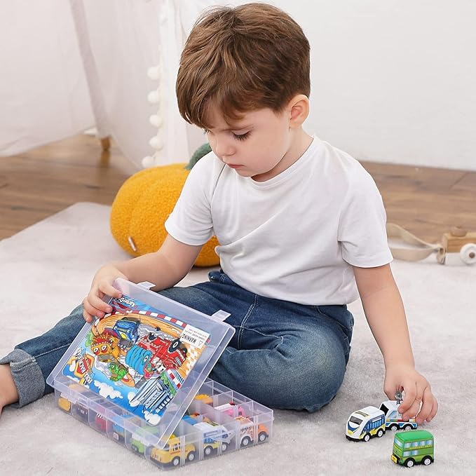 18 Pack Assorted Pull Back Car Toys for Kid with Storage Organizer Box, Mini Model Vehicle Set with Display Case for Child Toddler, Small Play Truck Bulk for Boy and Girl Party Favors, Birthday Gift