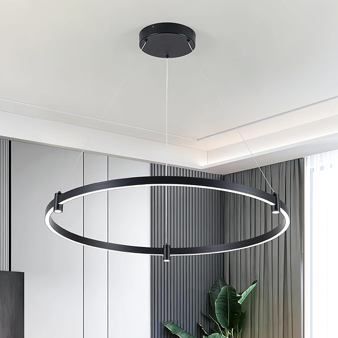 LED Black Chandeliers Modern Pendant Light, 40W Dimmable,1 Rings Dimmable Chandelier Lighting Fixture for Living Room Bedroom Kitchen Island Resturant Dining Room 3000K-6000K