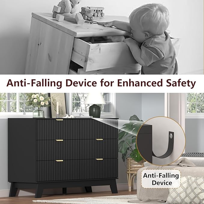 Fluted Dresser for Bedroom,6 Drawer Dresser for Closet,Storage Cabinet and Chest of Drawers with Gold Handle,TV Stand,Storage Organizer for Living Room,Hallway,Entryway,Black