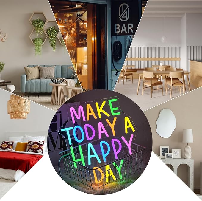 Make Today A Happy Day Neon Sign, Inspirational Colorful Letter Neon Light for Wall Decor, Dimmable Motivation LED Light Sign for Bar Cafe Restaurant Office Living Room Wedding