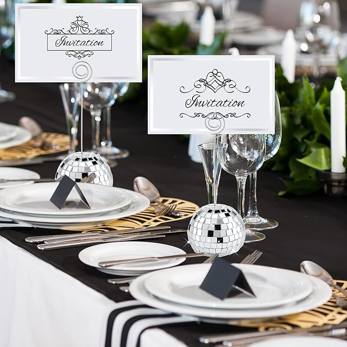 Maitys 120 Pcs Disco Ball Table Number Holders Silver Place Card with Swirl Wire Name Cards Photo Stand Clips Picture Holder for Christmas Wedding Party Favor (2 Inch)