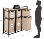 Laundry Basket Organizer, Hampers for Laundry 6 Compartments, Laundry Hamper with 6 Sliding Laundry Sorter Bags, Top Storage Shelf, and Metal Frame (6 Compartments)
