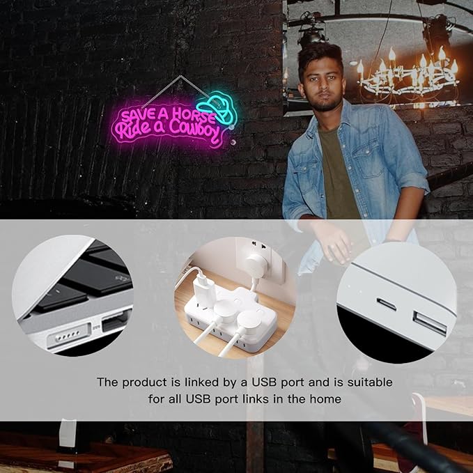 WLHOPE Save A Horse Ride A Cowboy Neon Sign Adjustable Brightness Led Sign,Neon Signs for Wall Decor,Connectivity Via USB Licked Neon Light for Bedroom Home Bar Club Hotel Party Decor