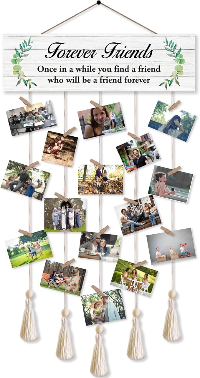 Forever Friends Hanging Photo Display Board with 16 Clips 5 Strings,Rustic Style Picture Collage Frames Wall Decor Wood Hanging for Home Dorm Décor,Housewarming Gifts for Friends Besties