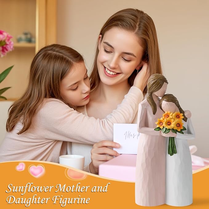 Sunflower Mother Daughter Figurine, Hand-Painted Resin Figure, Sentimental Gifts for Mom from Daughter, Perfect for Mother’s Day, Birthday, Thanksgiving, Christmas and Home Decoration, Pink