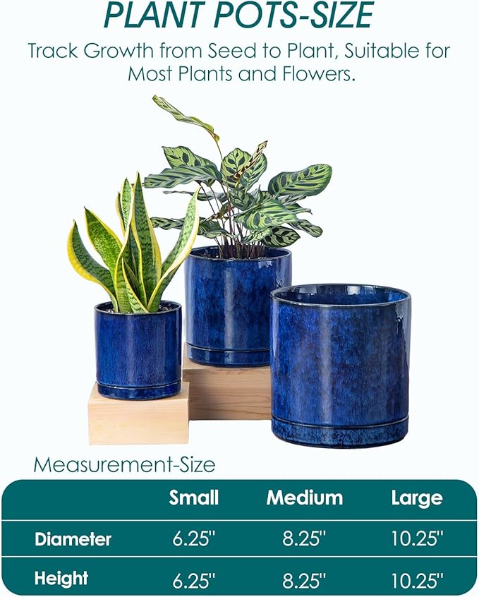 vancasso Ceramic Planters, Plant Pots for Indoor Plants, 6.25+8.25+10.25 Inch Ceramic Pots for Plants, Flower Pots with Drainage Holes (Blue, 6.25+8.25+10.25 Inch)