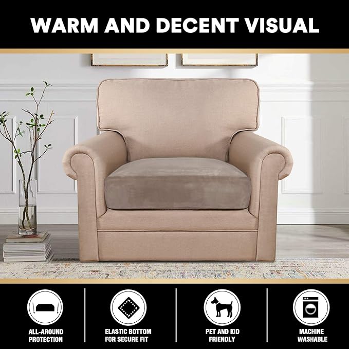 PrinceDeco Velvet Stretch Couch Cushion Cover Soft Cushion Slipcover for Chair Cushion Furniture Protector Seat Cushion Sofa Cover (Width Up to 29.5", Taupe)