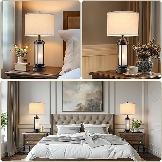 Set of 2 Modern Table Lamps for Living Room Bedroom, 25'' Black Retro Industrial Metal Lamp with Glass Nightlight, Contemporary Desk Lamp for Bedside End Table Office, 4 Bulbs Included